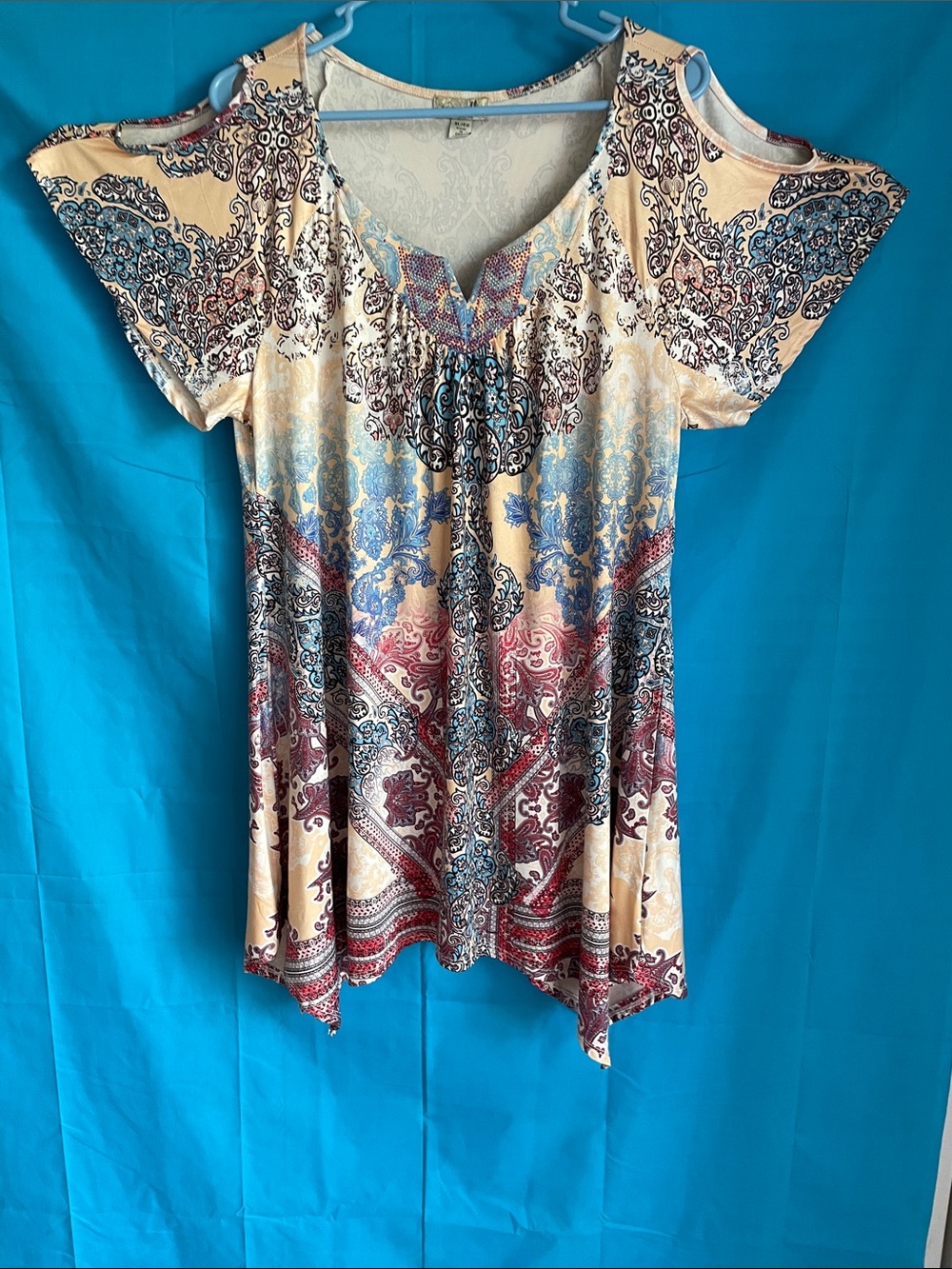 ONE WORLD Cream Cold-Shoulder Tunic with Blue and Red Paisley